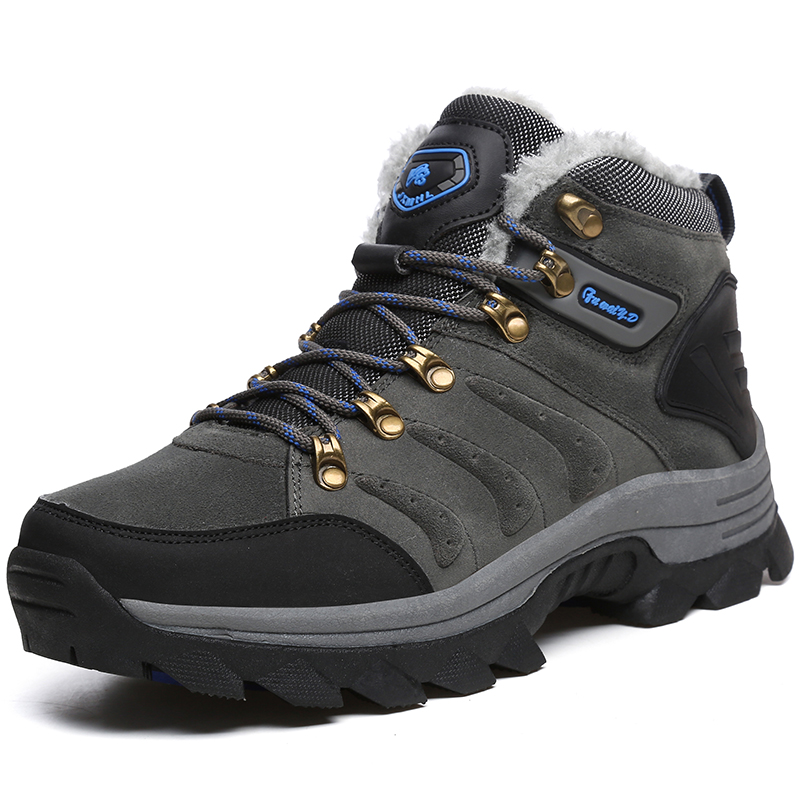 

New Mens Boots Warm Winter Men Boots Split Leather Casual Men Shoes with Plush Work Platform Big Size, Brown