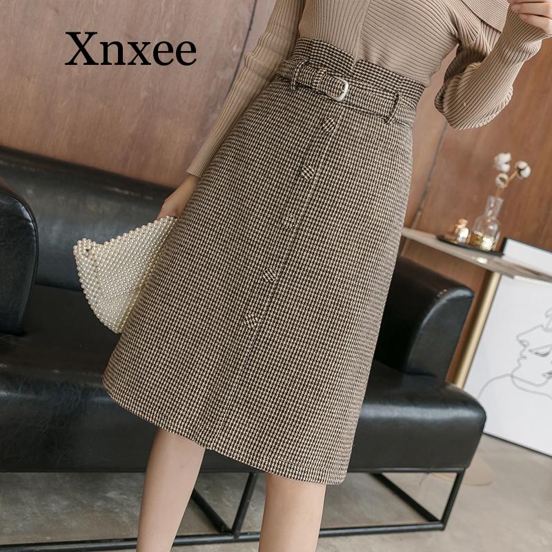 

Korean winter midi long plaid women skirt with belt high waist single breasted back zip skirt a-line woolen skirts faldas mujer, Grey plaid
