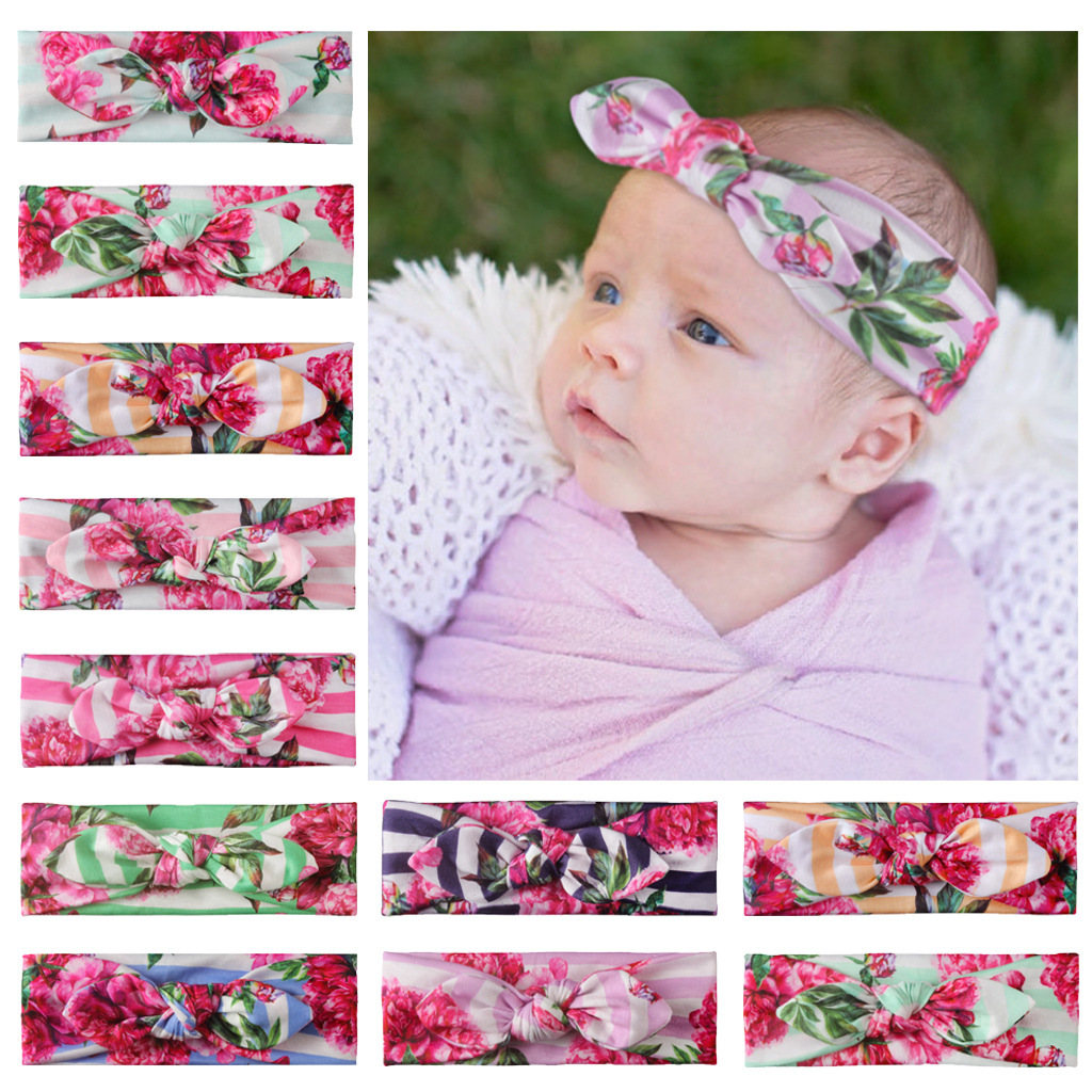 

Children's printed striped color hair band baby baby knotted floral rabbit ear hair band
