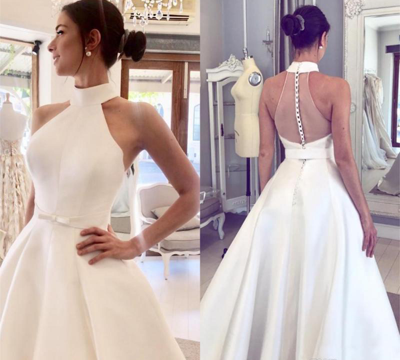 Simple Satin A line Wedding Dresses Halter Neckline Backless Covered Button Sweep Train Bridal Gowns Plus Size