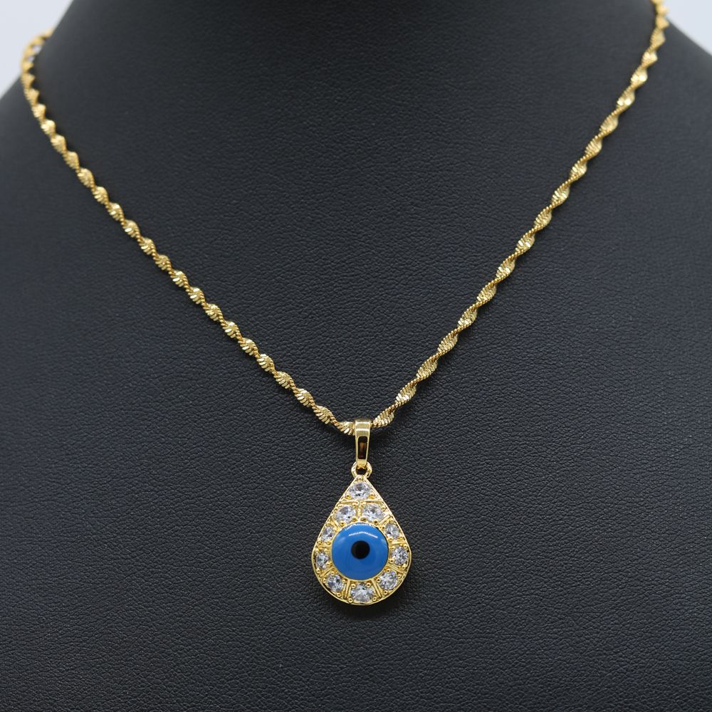 Evil Blue Eye Pendant with Wave Chain 18K Yellow Gold Filled Teardrop Pendant Necklace Gift-image-512572212