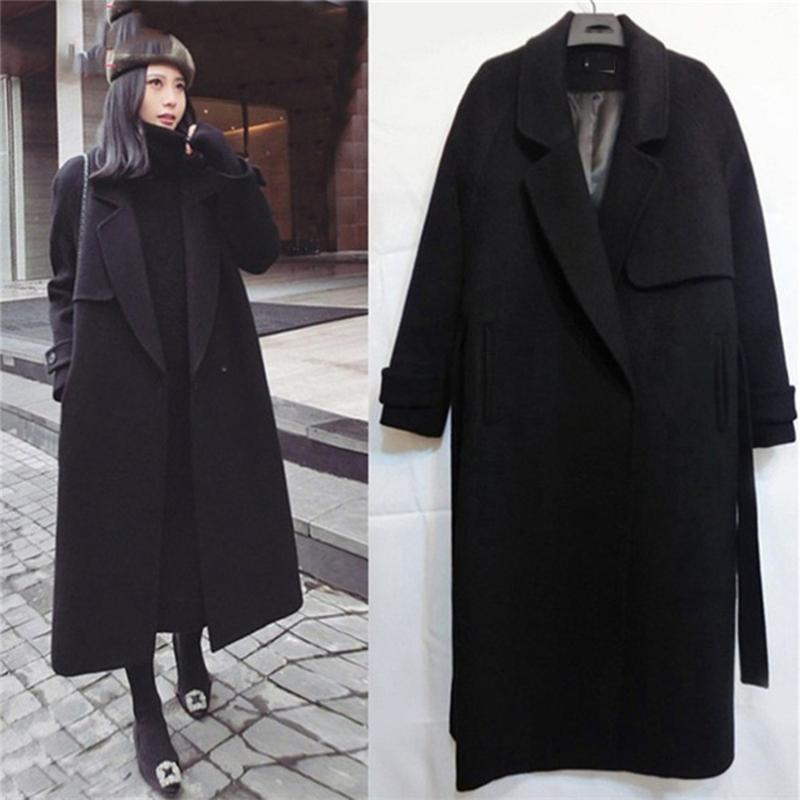 

Fashion Women Wool Blend Female Long Autumn And Winter Slim Coat Women Long-sleeved Casual Overcoat, Black