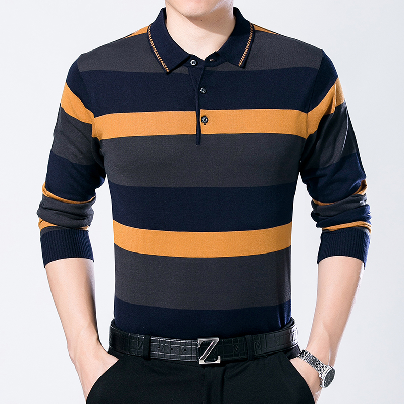 

Hot Sale Mens Autumn Hit Color Stripes Knit Shirt Long Sleeve Male Casual Turn-Down Collar Thin Sweater Shirt Pullpovers, Blue