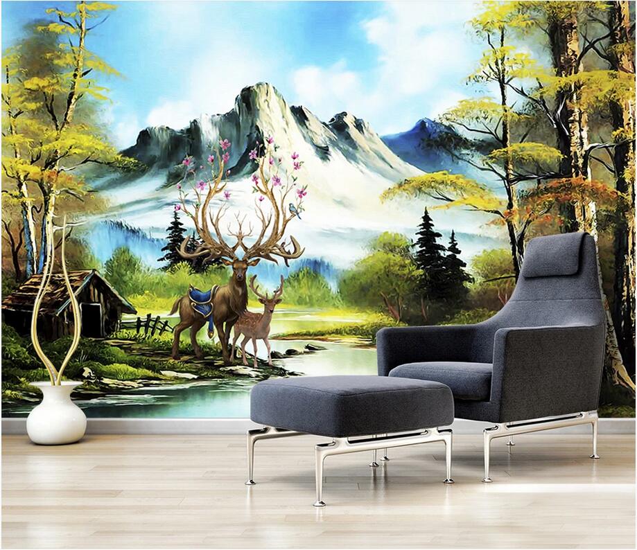 

3d wallpaper custom photo mural European style landscape elk forest landscape oil painting background home decor wall picture 3d stickers, Non-woven