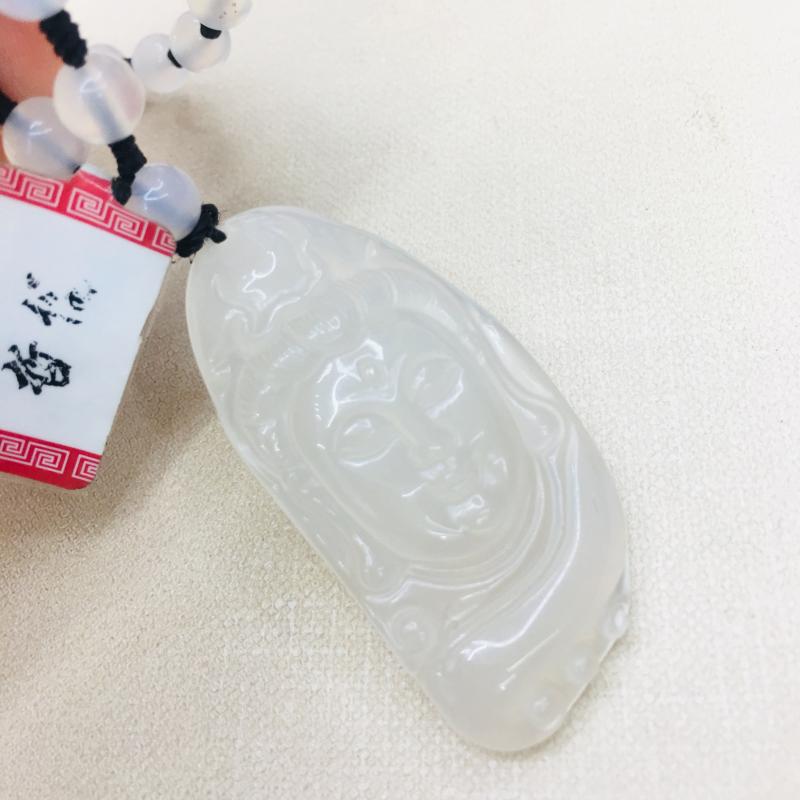 

Natural Brazilian Chalcedony Jade Carved White Guanyin Pendant with Chalcedony Bead Necklace Men's and Women's Sweater Chain