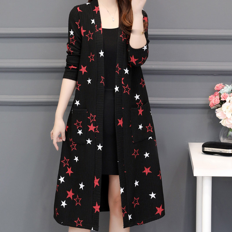 

Plus Size 5XL Printed Long Cardigan Sweater Womens Fashion 2020 Spring Autumn Thick Knitted Cardigans Female Pocket Coat Outwear, Black