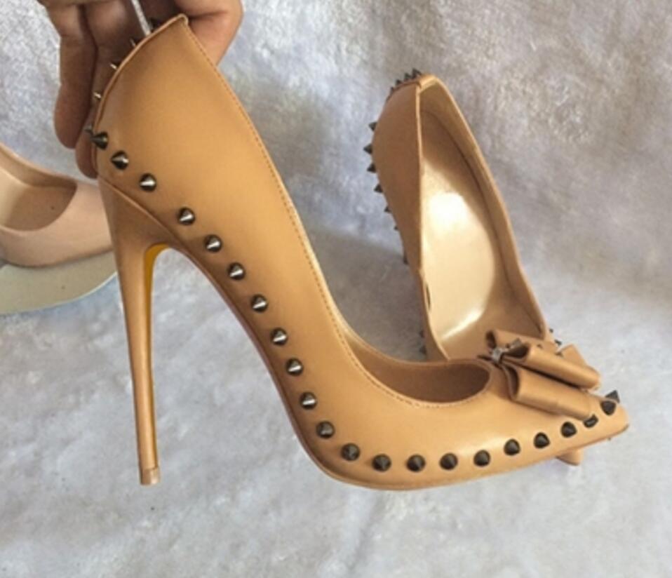 

new Nude Bow Patent leather rivet Single shoe Women's High heeled shoes 8cm 12cm 10cm Cusp Fine heel large size 44 Wedding red bottom shoes, Black