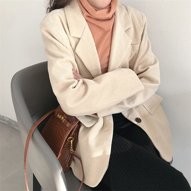 

Spring Corduroy Women Blazer Jacket Casual Loose Single-breasted Office Ladies Jacket Blazer 2020 Vintage Female Suit, Beige