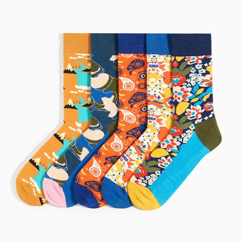 

Combed Cotton Men Socks Colorful Happy Funny Conch Shrimp Long Dress Socks For Male Wedding Christmas Gift 2pcs=1pairs