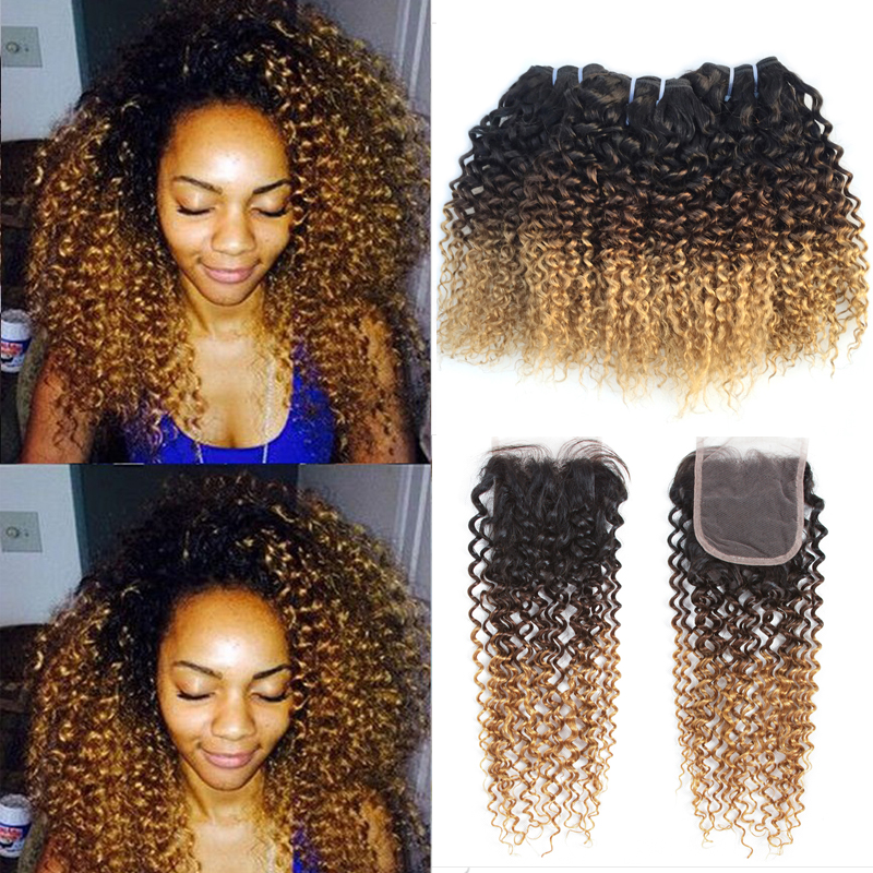 

Brazilian Kinky Curly Ombre human Hair 3 Bundles with 4*4 Lace Closure 3 Tone 1B 4 27# Blonde Ombre Curly Virgin Hair Weaves, Ombre color