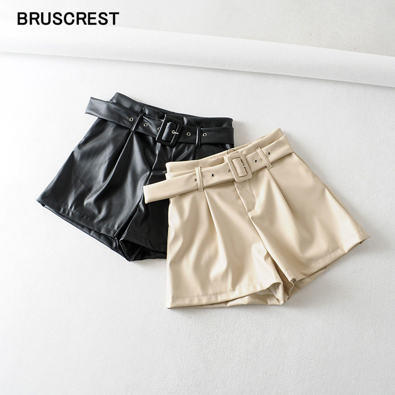 

2020 New Leather shorts korean ladies High waist shorts leather casual belt punk PU faux women black treetwear, Leather shorts women