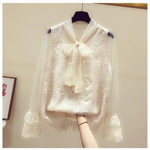 

New Spring Women' Lace Blouse Tulle Long Sleeve Lace Up Tops Shirt Lady Casual Lace Shirt C5204, White