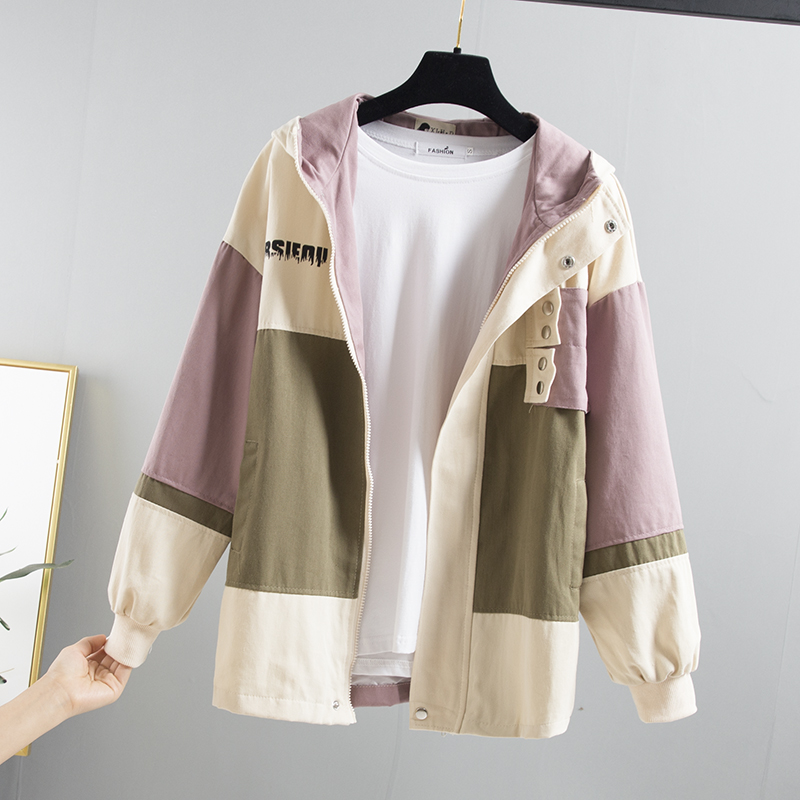 

Autumn Patchwork Windbreaker Women Harajuku Long sleeve Short Hooded Jacket Coat Female Big Size Loose Casual Women Basic Coat, Beige