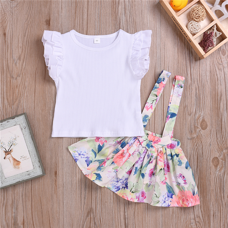 

Summer girl kids clothes Set short sleeve White T-shirt top+printed strap skirt TUTU skirts 2 piece Kids Designer Clothes Girls DHL JY410