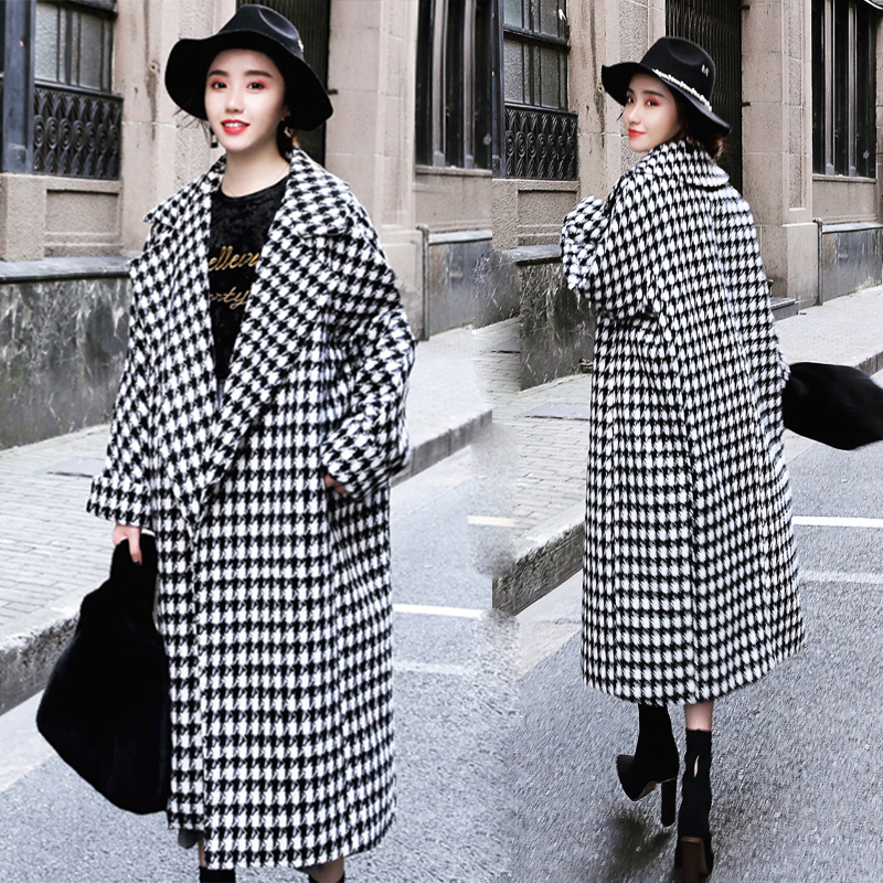 

Winter Women Long Plaid Woolen Coat Female Houndstooth Coat