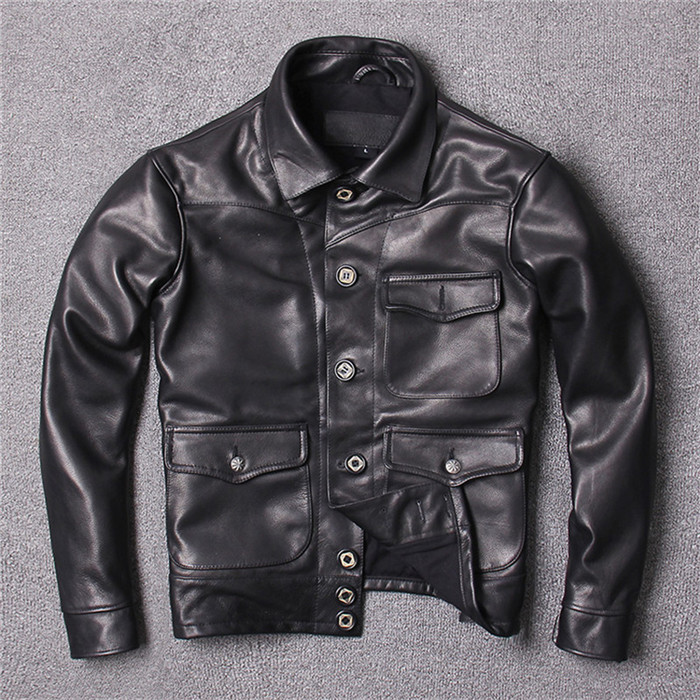 

Japanese style retro vintage Flocking Yellow cowhide genuine leather jackets with single breasted lapel neck, Yellow brown