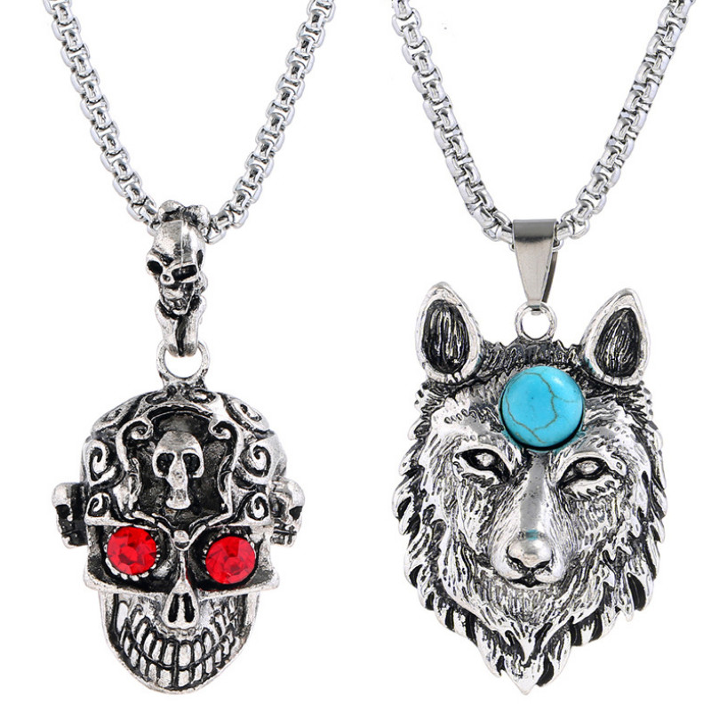 

Pendant Necklaces Gothic Punk Wolf Skull Men Necklace Silver Color Alloy Statement Stainless Steel Long Chains Women Rock Fashion Jewelry