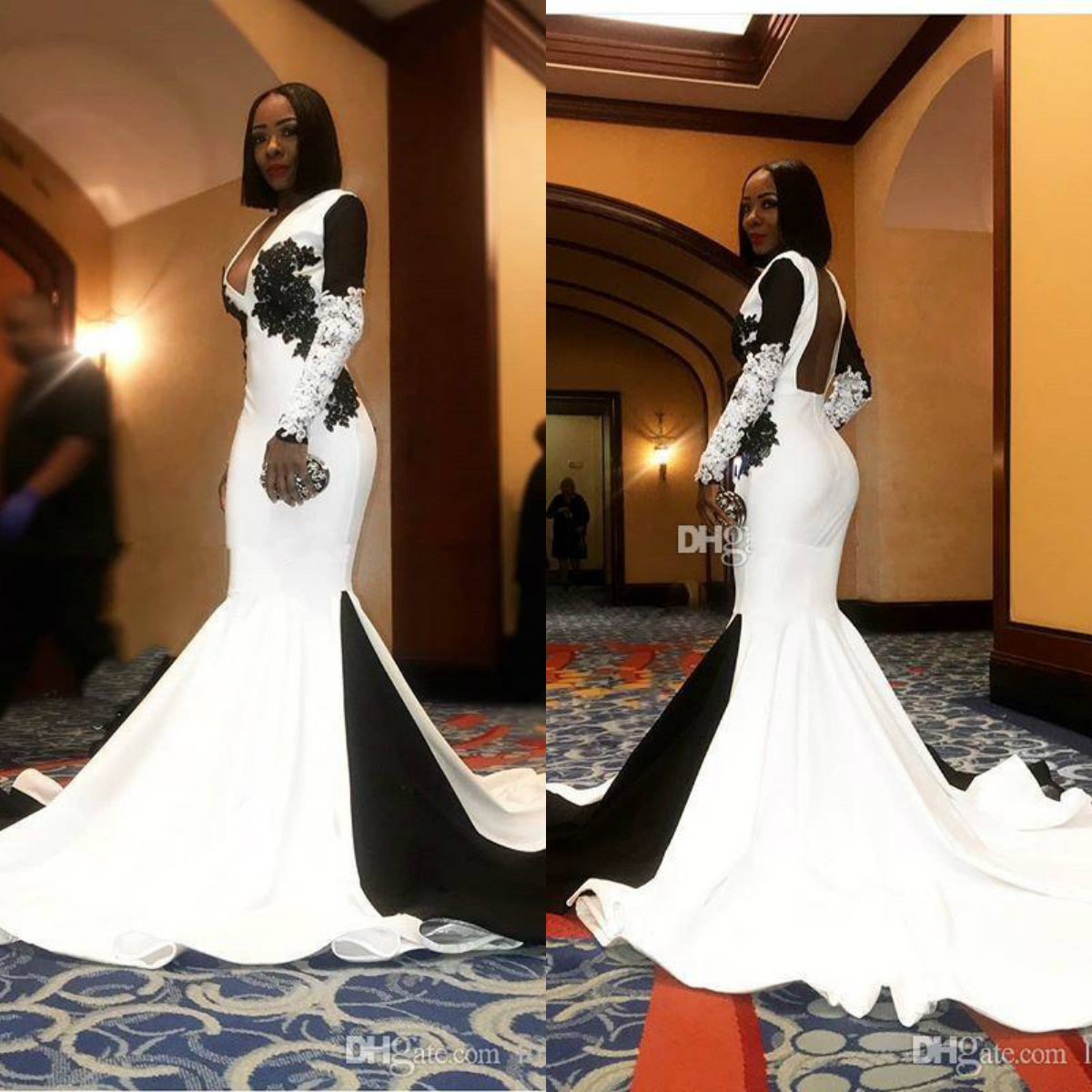 

Modest White and Black African Mermaid Prom Dresses Evening Wear with Lace Applique 2019 Long Sleeves Evening Party Gowns Formal, Ivory