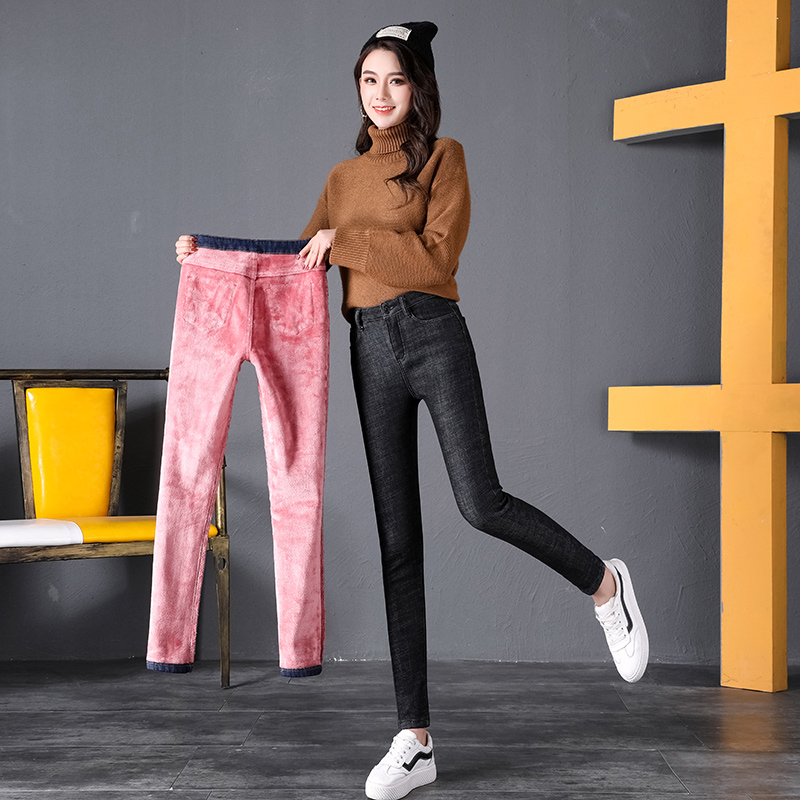 

With velvet jeans female 2019 new fashion slim tight thick pants winter simple wild casual pencil pants large size long, Black