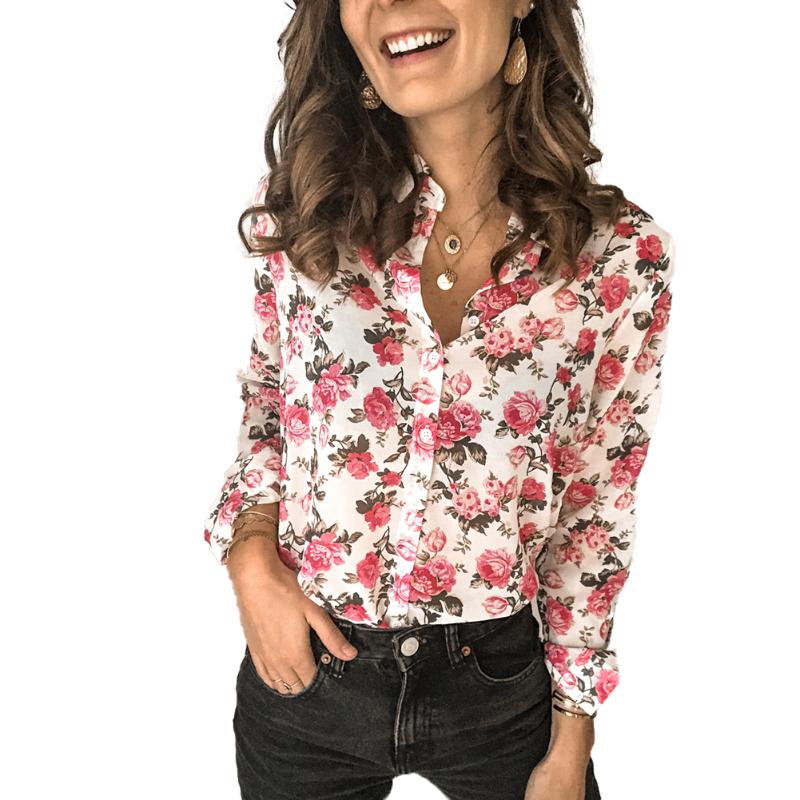 

New Arrival Women Long Sleeve Floral Print Blouse Elegant Lady V-neck Loose Chiffon Shirt Plus Size -XXL, Red