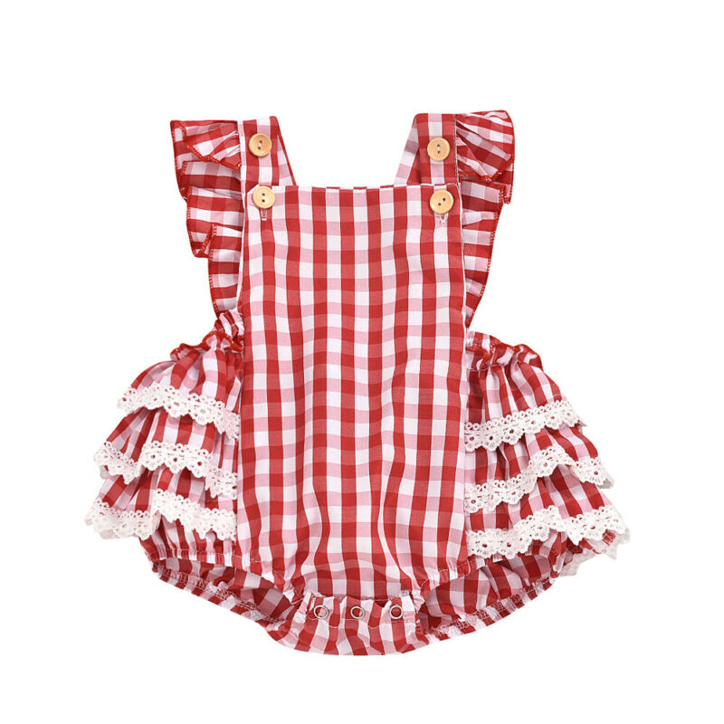 

Baby Summer Romper Ruffled Clothes Newborn kids Girl Outfits Set Sleeveless Red Plaid Bodysuit Set Lace Ruffled Plaid Playsuit, As pic