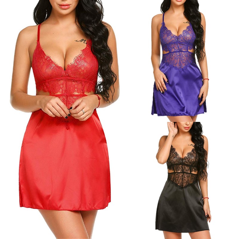 

Cut-out Eyelash Lace Details Silky Sheer Satin Nightwear Babydoll Chemise with G-String Set Sleepwear Dress Women Sexy Lingerie Side Split, Red