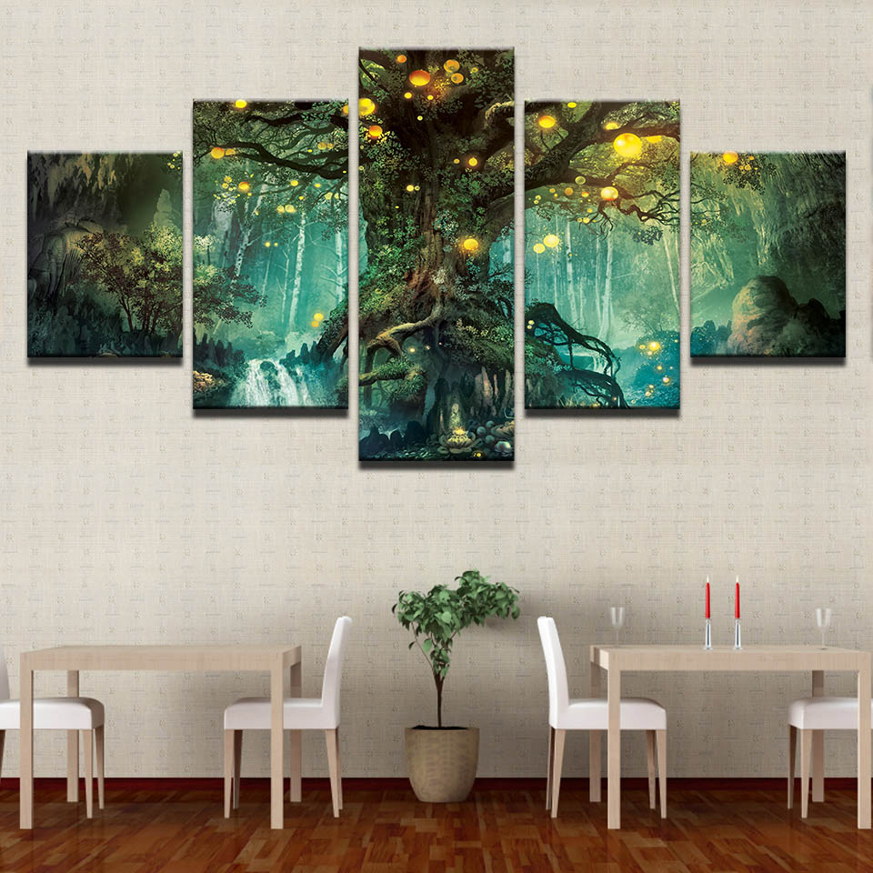 

HD Printed Home Decor Paintings On Canvas Wall Art 5 Pieces Enchanted Tree Scenery Modular Vintage Pictures For Living Room No Frame