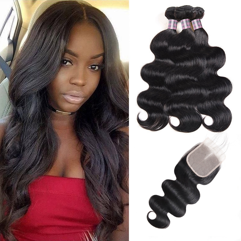 

Loose Deep Transparent Lace Closure with Bundles Curly Body Straight Brazilian Virgin Human Hair Bundles with Closure Malaysian Peruvian, Body wave