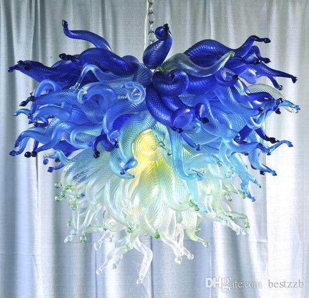 Modern Design High Hanging Living Room Blue Shade Green Yellow 100% Colored Blown Glass Chandelier Lightings and Pendant Lamps-image-525040043