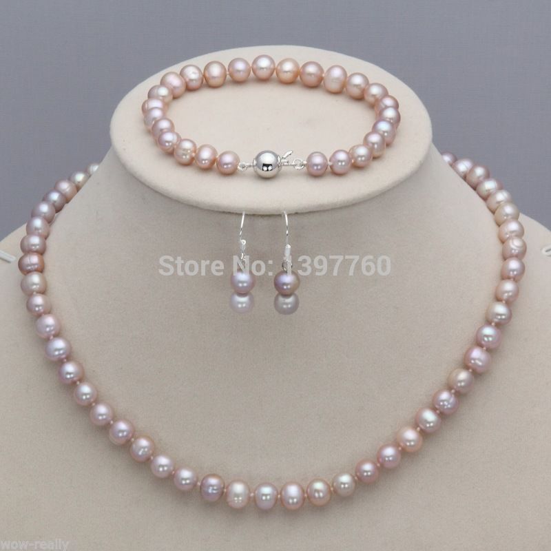 

Miss charm Jew.118 New 7-8mm Purple Freshwater Pearl Necklace Bracelet Earrings Set 18"&7.5" (A0423, As pic