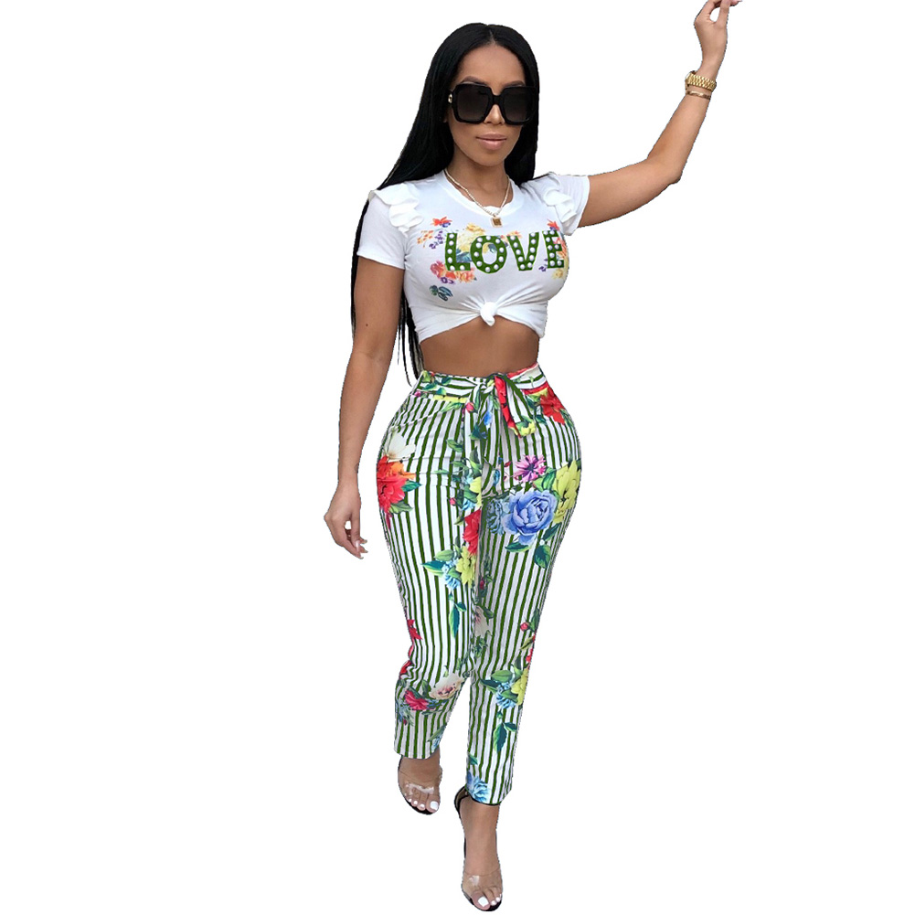

Wholesale-Women Floral Letter Print Two Piece Sets Ladies Crop Top Short Sleeve Striped Pants Suits Slim Casual Women Clothes Sets Summer, White