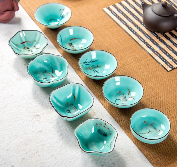 7 Pcs Purple Orchid Tea Set Dollhouse Miniatures Ceramic Kitchenware Large