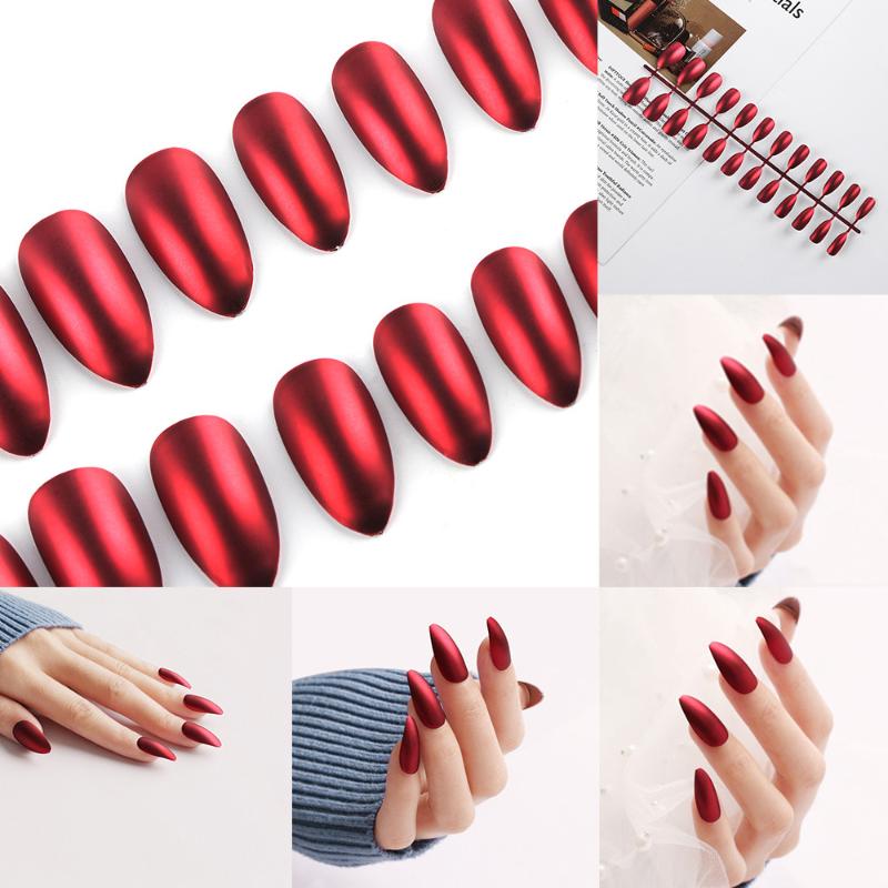 

24PCS ABS Red Colour Fashion Stiletto Pointed Sharp False Nails Popular Fake Nails Finger Art Full Nail Tips Extensions Tools, Adhesive stickers