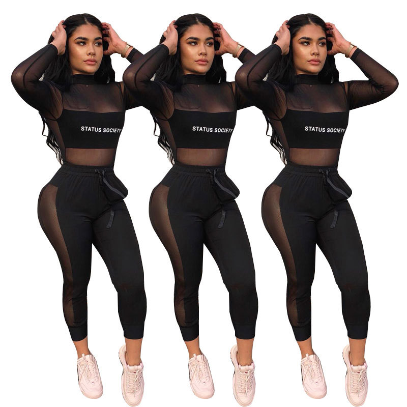 

18YX9030 Women' Two Piece Pants sexy new two-piece leisure suit stitching letters fashion outfits outwear sportswear casual trousers, Black