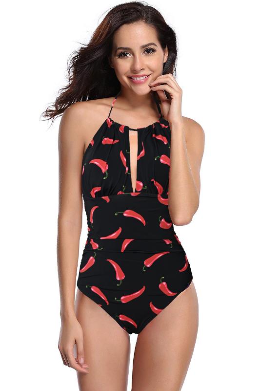 

Pepper Print One Piece Swimsuit Female Deep v-neck Bikini 2020 Bandage Bathing Suit Monokini Swimwear Women Bathers