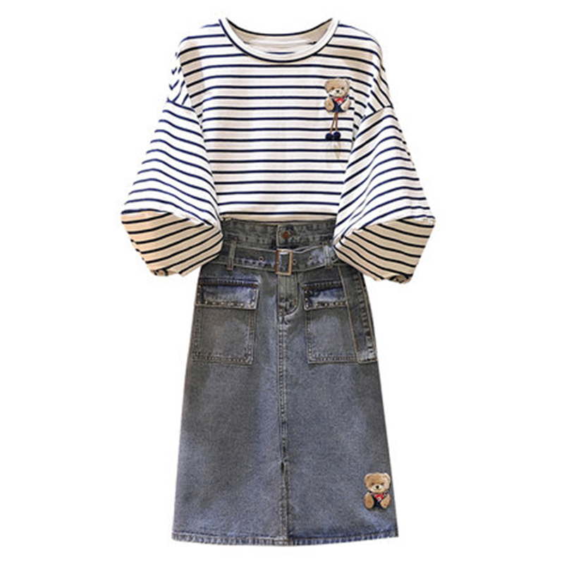 

New Summer Women's 2 Piece Sets Fashion Jeans Skirts And Striped T-shirts Suits Plus Size Female 2 Suits Embroidery Loose Sets, Tops