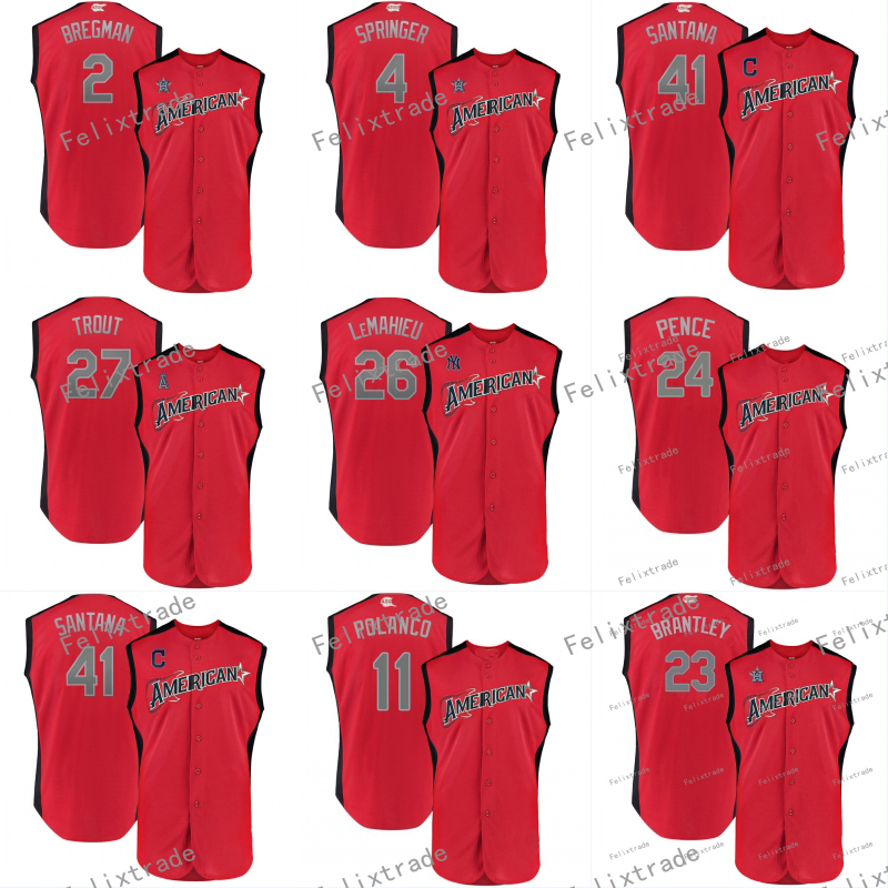 

2019 American AL Star Hunter Pence Gary Sanchez Carlos Santana DJ LeMahieu Jorge Polanco Alex Bregman Mike Brantley George Springer Jerseys, 27 mike trout