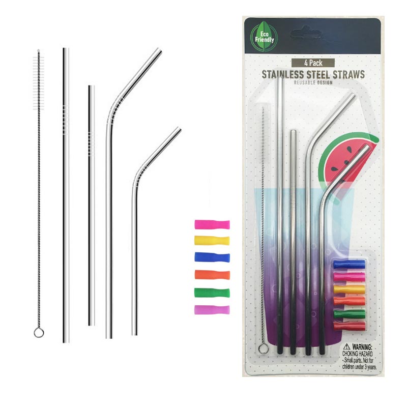

Straight Bend Stainless Steel Straw Set With Cleaning Brush Silicone Tips Reusable Metal Drinking Straws Home Party Bar Tool VT0670
