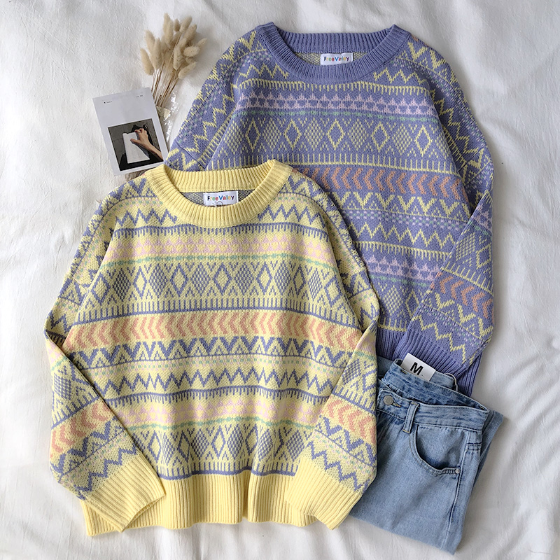 

2020 Winter Autumn Women Sweater Long Sleeve Yellow Blue Romantic Jacquard Weave Embroidery Grandmother Knit Sweater Jumper, Purple