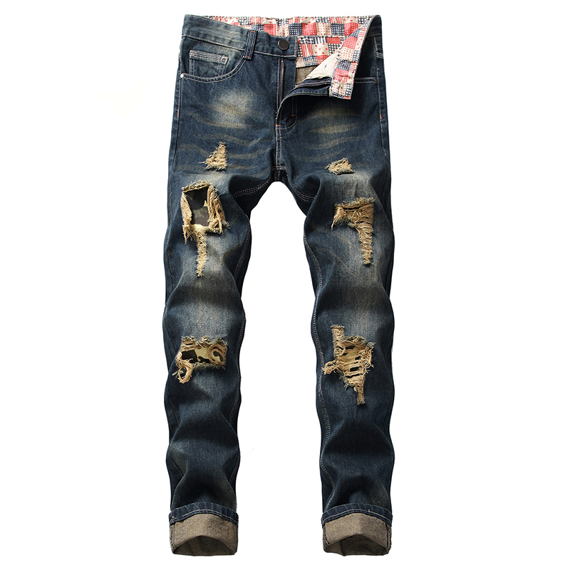 

Straight jeans men hole damaged ripped elasticity destroyed the hip-hop Jean long Homme Masculino fashion design jeans male, Blue