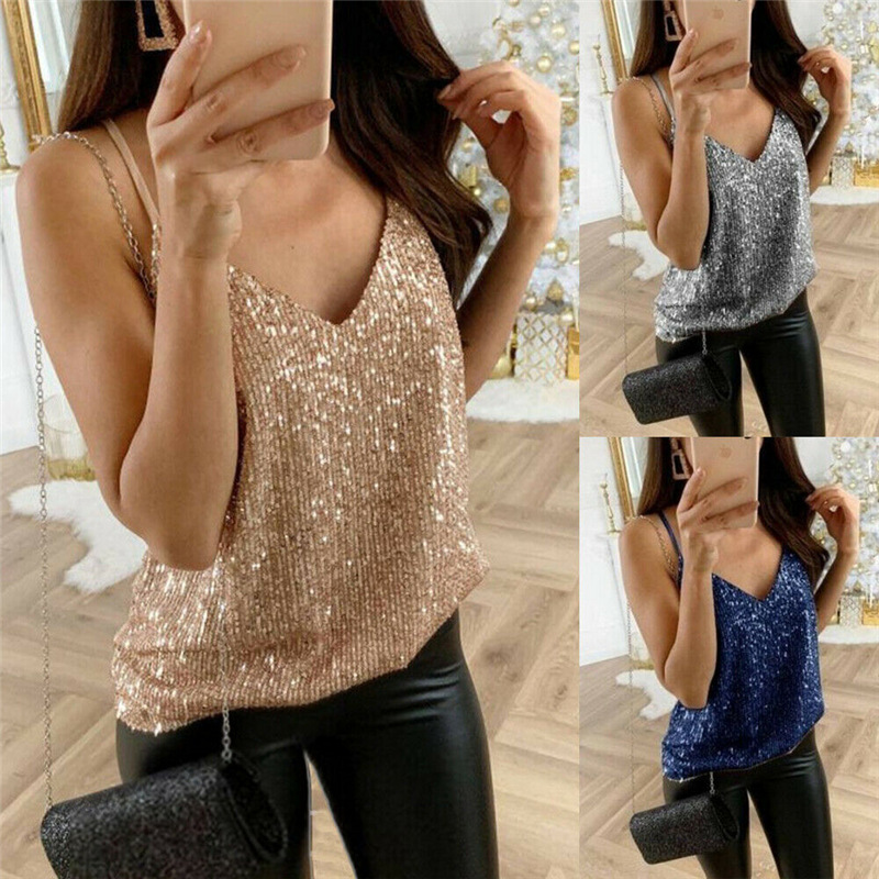 

2020 New Fashion Women' Sequins Vest Ladies Summer Sleeveless Slim Shiny Tank Tops Sexy V-Neck Tanks Women Clubwear, Gold