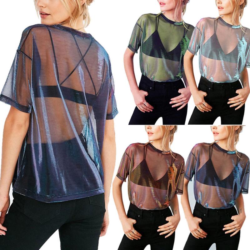 

Fashion Women Sexy Perspective Summer Short Sleeve O-Neck Tops Ladies Loose T-Shirts Casual Tops