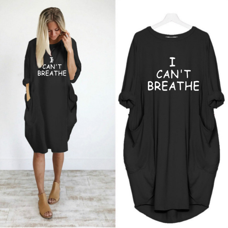 

I Can't Breathe Women New Dresses Letter Printed Long Shirts Ladies Dress Casual Loose Long Sleeve Fashion Apparel 2020 for Wholesale, Black