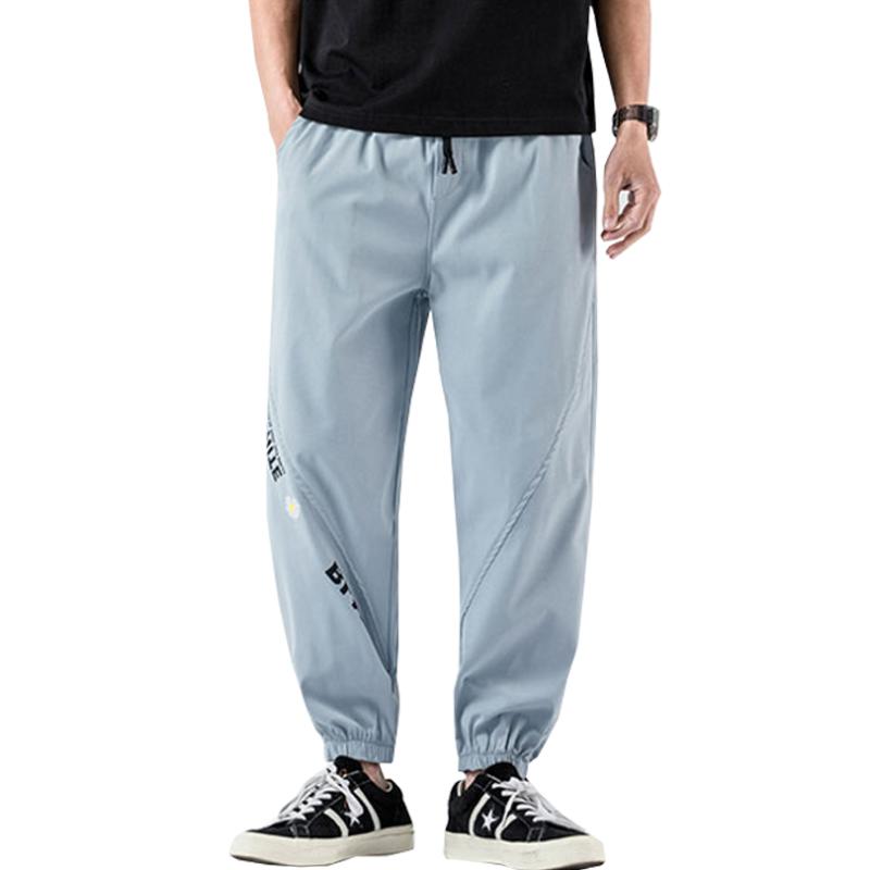 

High Street Men's Hip Hop Jogging Pants Flower Print Fashion Beamed Casual Pants 2020 New Solid Color Elastic Waist Sweatpants, Sky blue