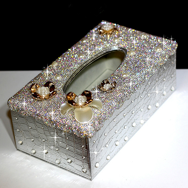 

Silver Crocodile Pattern Leather Car Tissue Box White Crystal Towel Paper Case with Flowers Great Gift for Women Girls
