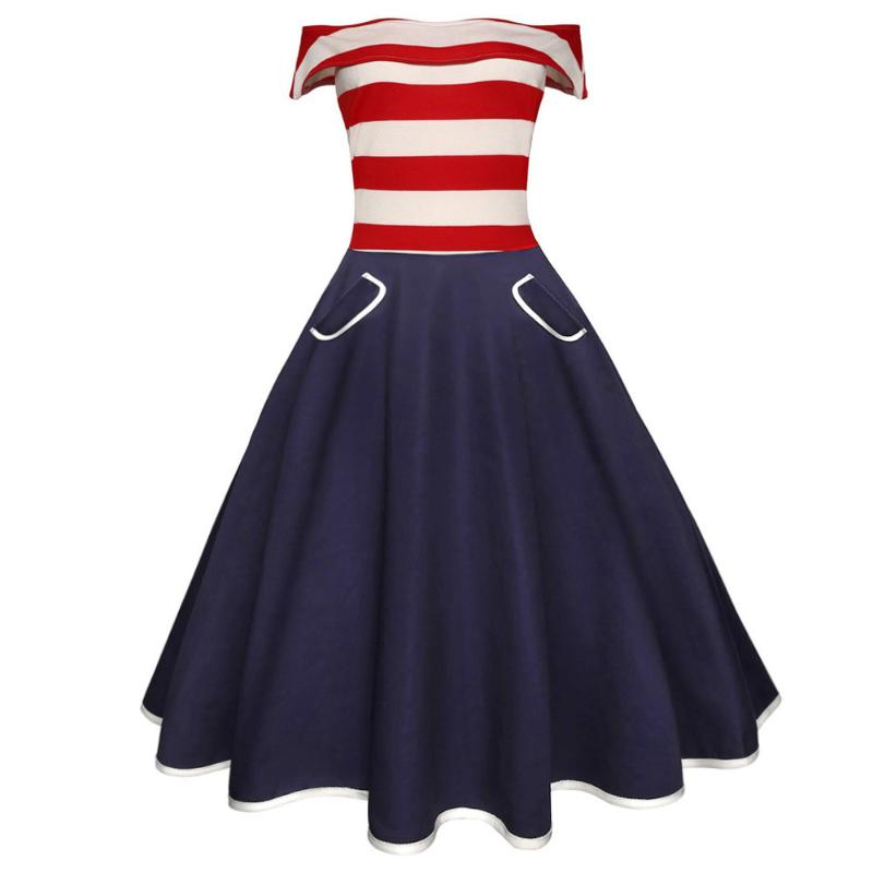 

Stripe Patchwork Women Retro Dress Slash Neck Short Sleeves Summer Vintage Dress 60s Audrey Hepburn Rockabilly Vestidos, Cadetblue
