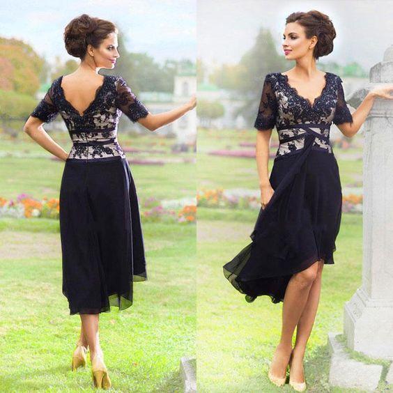 

New Arrival Navy Blue 2019 Elegant Country Mother Of The Bride Dresses With Half Sleeves V Neck Lace Evening Dresses Tea Length
