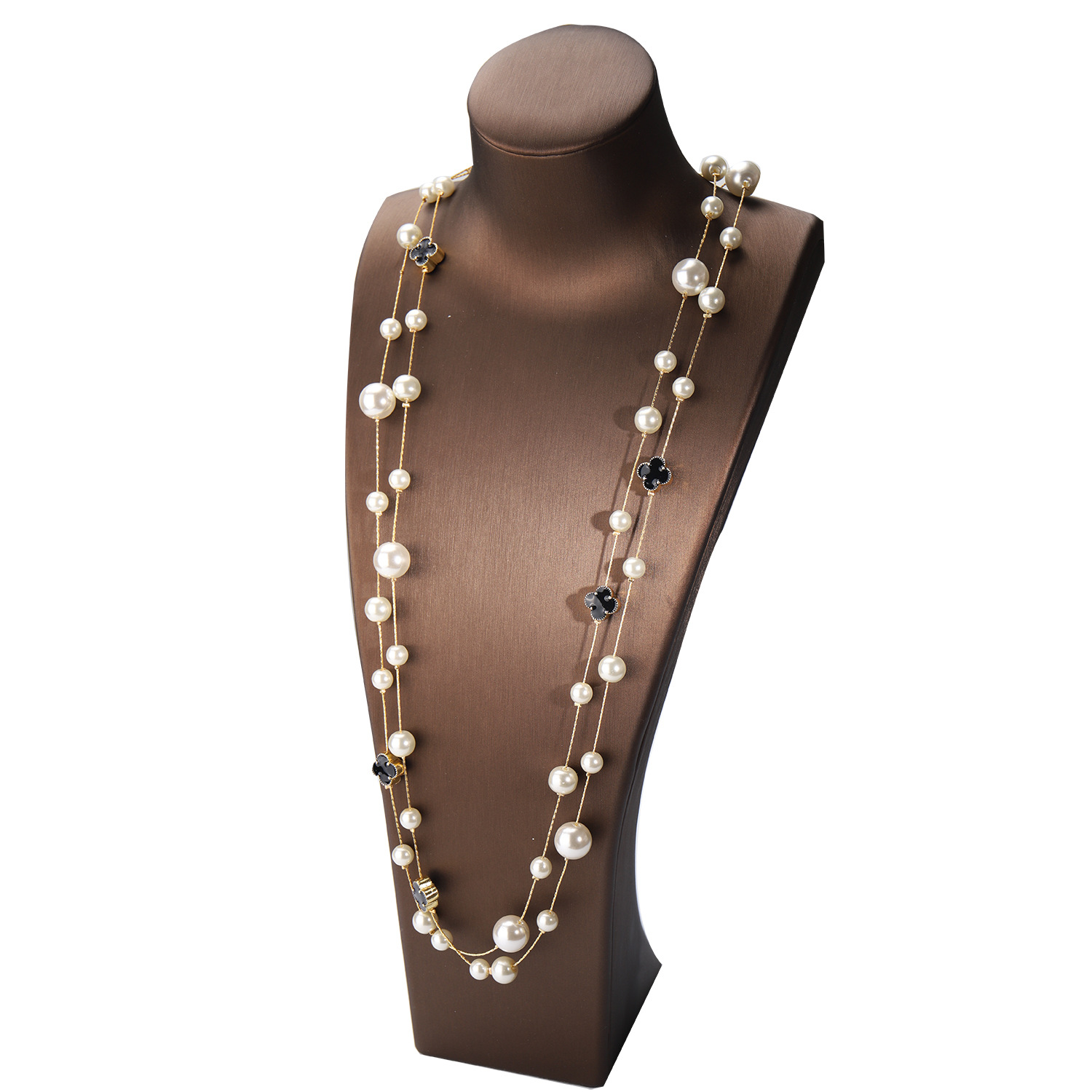 

Wholesale- designer luxury classic style elegant Four-leaf clover pearl multi layer long sweater statement necklace for woman