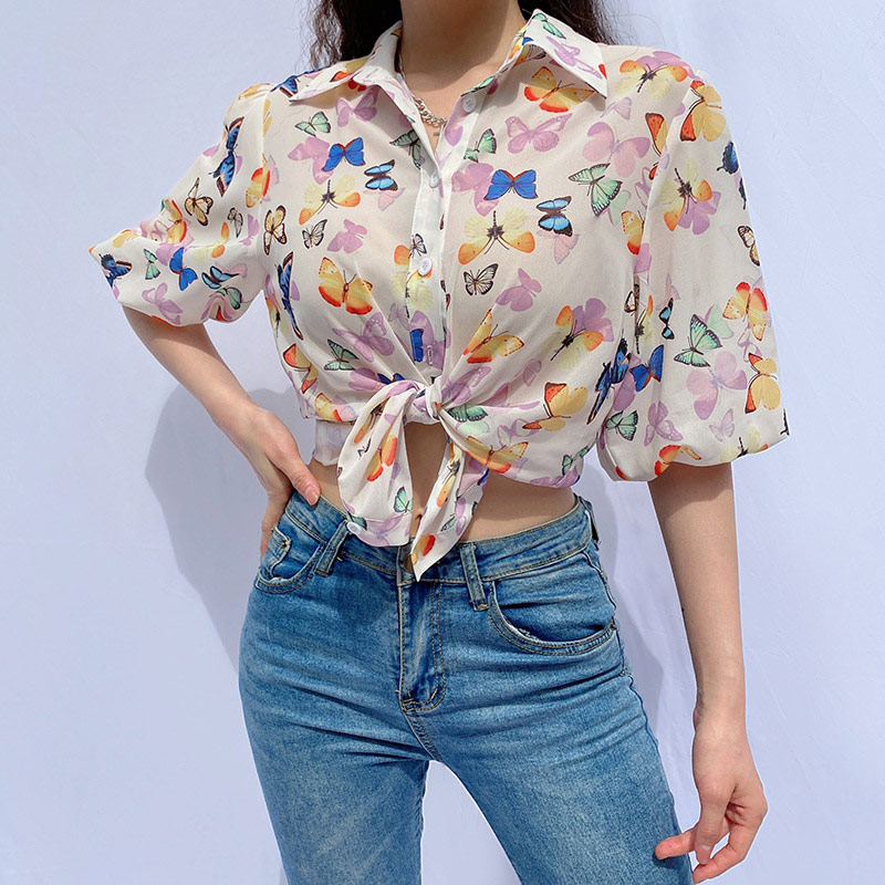 

Korean Butterfly Print Lace Up Shirt Women Loose Short Sleeve Sunscreen Shirts Female 2020 Summer New Streetwear Ladies Tops, Flower