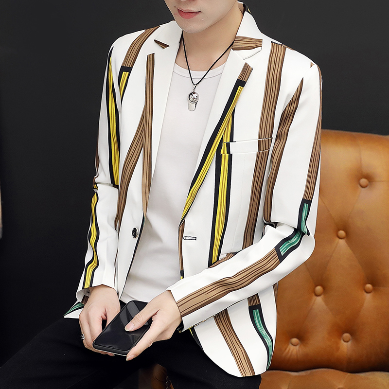 

Blazer Men 2020 Spring and Autumn New Fashion Casual Stripe Printing Slim Single Button Lapel Men's Boutique Blazer, Black